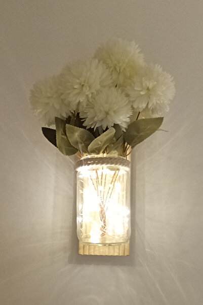 NONYA Ahşap Zeminli Fanus Yapay Çiçekli Aplik  Duvar Apliği Saksı Aydınlatma Duvar Dekorasyonu Krizantem