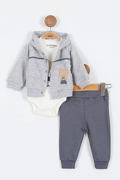 MAİBELLA Bear Patterned Cotton Snap Hooded Bodysuit Long Sleeve Baby Boy 3-Piece Set Bottom Top Baby Boy Set