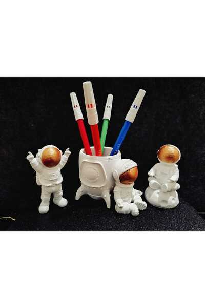 Hediyehanem 3'lü set Astronot Kalemlik Ve Masa Dekorları Biblo Heykel Obje