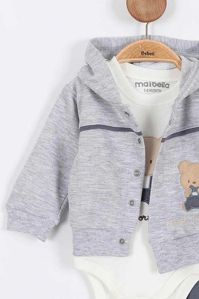 MAİBELLA Bear Patterned Cotton Snap Hooded Bodysuit Long Sleeve Baby Boy 3-Piece Set Bottom Top Baby Boy Set