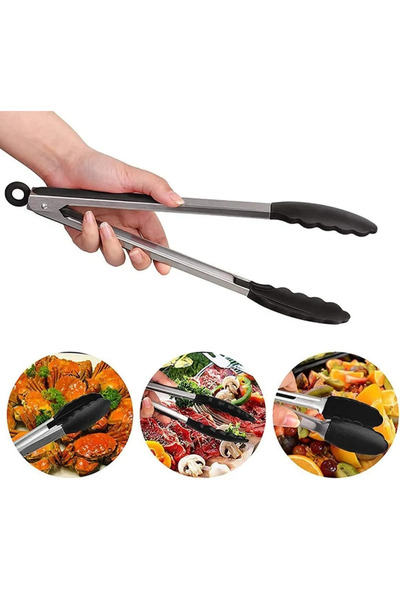 Genel Markalar Metal Saplı, Kilit Sistemli Silikon Uçlu Maşa, Kızartma Maşası