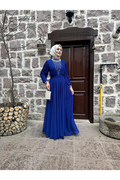 sümeyra Chiffon Fabric Choker Pearl Rendering Dress
