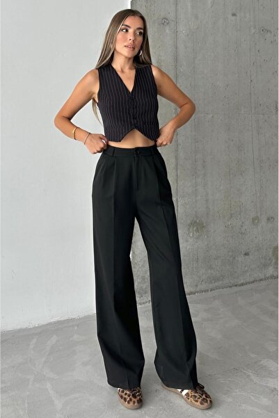 KaSheHa Siyah Yüksel Bel Pileli Palazzo Pantolon 103 Cm