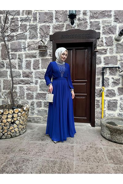 sümeyra Chiffon Fabric Choker Pearl Rendering Dress