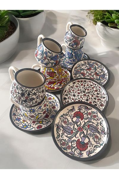 Artistic Quality Decorative Tile Design, Tulip and Clove Embroidered Tea Coffee Cup Set for 6 People