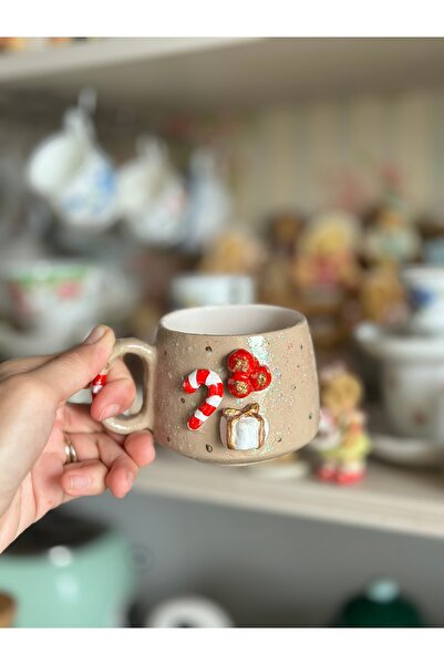 Handmadesign Seramik El Yapımı El Boyaması Boyutlu Fincan Kupa Krem Kırmızı H...