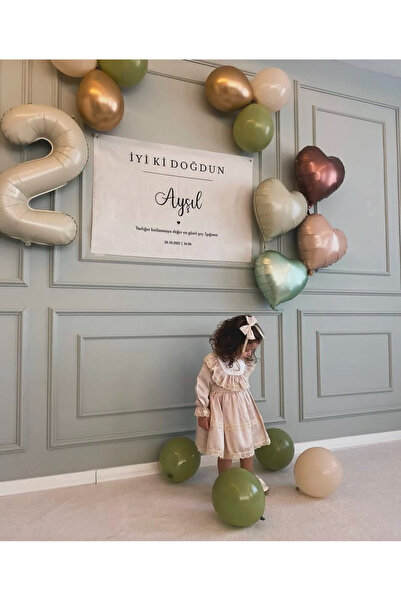 Çemrek Süs Parti 2 Yaş Doğum Günü Konsept Mint Kahve Bej Krem Kalp folyo balonlu 15 parça