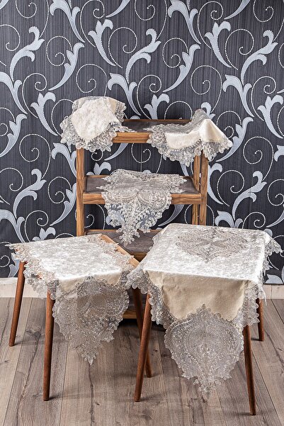 bursa çeyiz Efsun Kapuçino Kadife Üzeri Vizon Dantelli 5 Parça Salon Takımı Masa Örtüsü Runner Seti