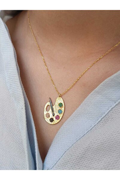 NsN Silver 925 Ayar Gümüş Altın Kaplama Zirkon Taşlı Ressam Palet Kolye