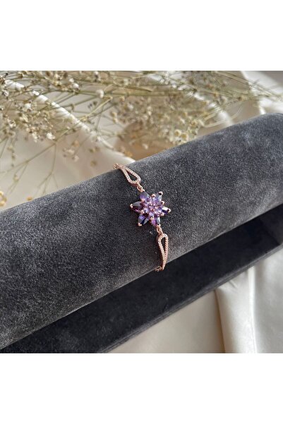 Lovera Jewellery 925 Ayar Gümüş Rose Renk Mor Taşlı Lotus Çiçeği Bileklik | 9...