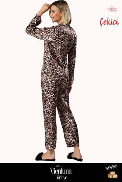 vienluna Yeni Sezon Premium Lüks Kadın Çok Şık Modern Zarif Leopar Desen Yumuşak Dokulu Saten Gecelik Takımı