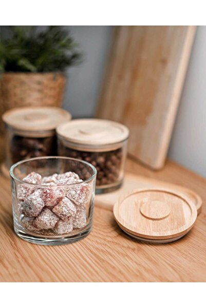 toprakhome 3 lü Bambu Vakum Kapaklı Cam Kahvaltılık Çok Amaçlı Çerezlik ve Ba...