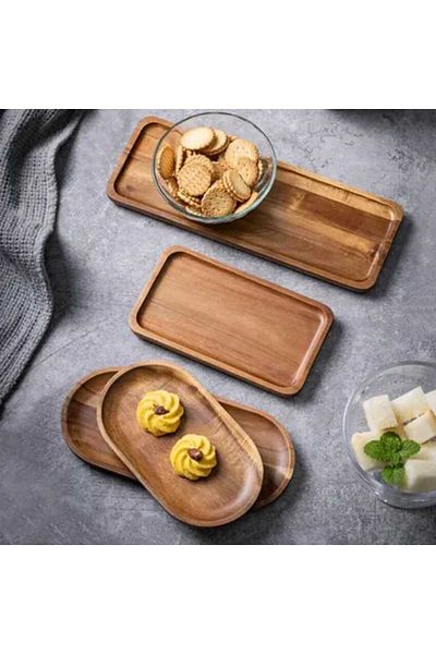 AKCAKESE Acacia Wood Serving Presentation Fruit Dessert Cake Breakfast Plate Square Oval Tableware Set of 4