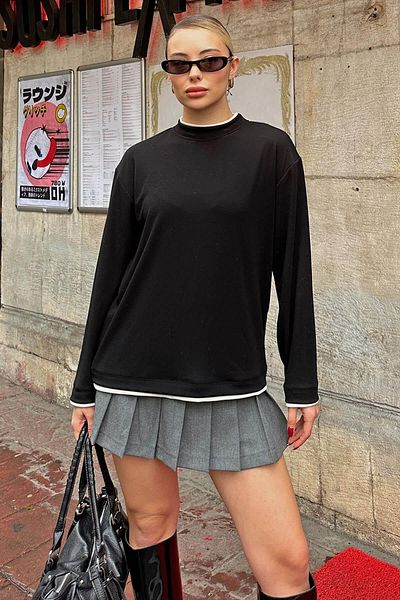 Swist Black Mob Garnished Crew Neck Women's Blouse