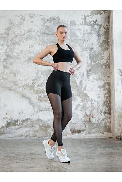 lismina Siyah Tül Detayı ile Şort Görünümlü Spor Tayt