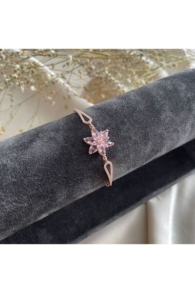 Lovera Jewellery 925 Ayar Gümüş Sertifikalı Rose Renk Pembe Taşlı Lotus Çiçeğ...