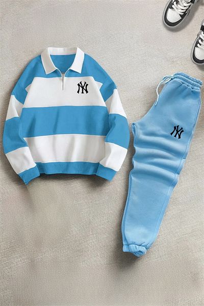 NewCabin Noul sezon unisex cu dungi cu jumătate de fermoar gât polo - pantaloni de trening Set 3 fire