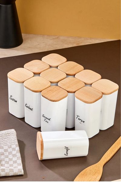 ŞAKİLATA CONCEPT Acrylic Spice Rack Storage Container with Bamboo Wood Lid 300ml Vacuum Leakproof-With Label