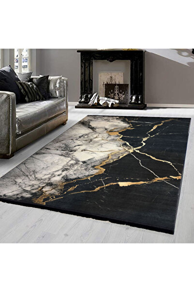 Ecosıa Dijital Kaymaz Yıkanabilir Gold Detaylı Modern Salon Halısı Mutfak Hal...