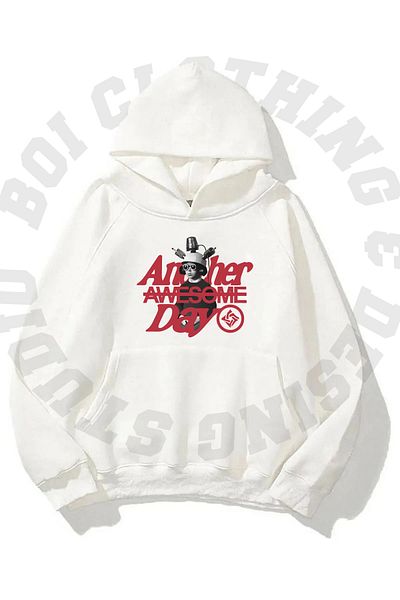 Boi Unisex Another Awesome Day Printed Oversize Χοντρό 3 νήματα Hooded Hoodie - Μαύρο και άσπρο φούτερ