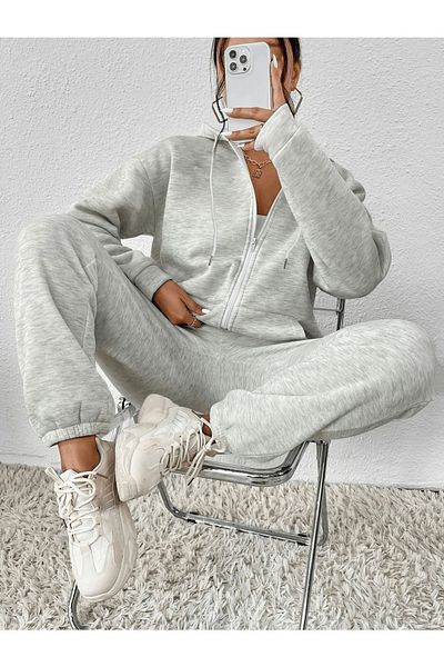 LAND MODA Γκρι κουκούλα με φερμουάρ Χοντρό χειμωνιάτικο Oversize Γυναικεία αθλητική φόρμα εξωτερικού χώρου