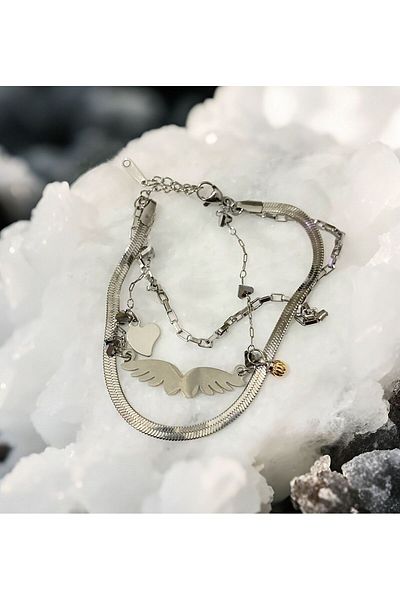 MR Heart and Angel Wing Figure Triple Steel Bracelet