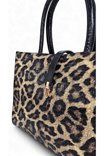 Evident Black Patent Leather Printed Leopard Patterned Lock Detailed Hand and Paperwork Women's Bag
