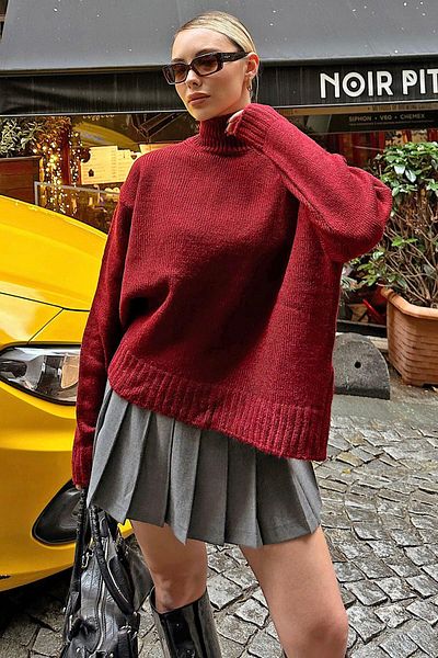 Swist Burgundy Side Slit Basic Half Fisherman Raglan Sleeve Women's Knitwear Sweater