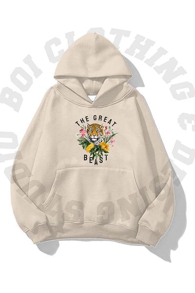 Boi Unisex Tiger Printed Oversize Hoodie με τσέπη - 3 κλωστών με κουκούλα