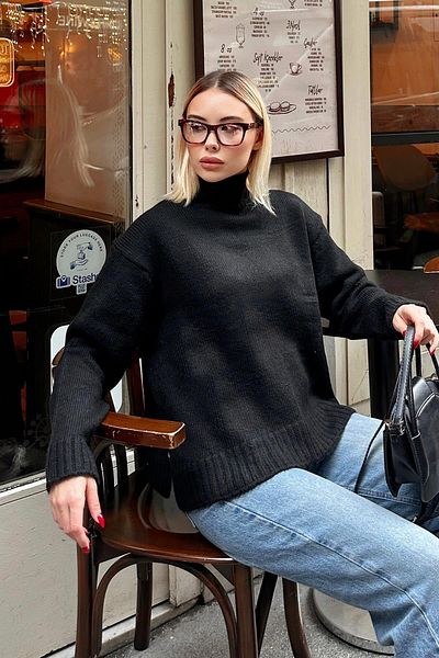 Swist Pulover negru cu fantă laterală, de bază, cu mâneci raglan, pentru femei