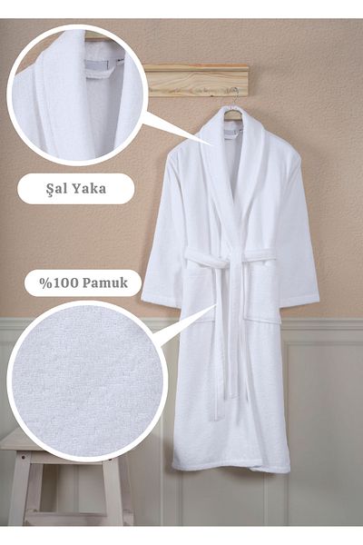 Ellaline Halat de baie alb 100% bumbac certificat guler șal unisex