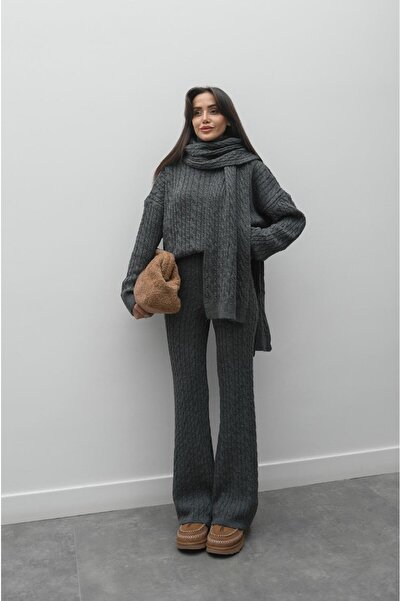 Havoş Anthracite Weft Hair Knit Pants Sweater Set