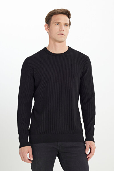 ALTINYILDIZ CLASSICS Erkek Siyah %100 Pamuk Standart Fit Normal Kesim Bisiklet Yaka Selanik Örgü Triko Kazak