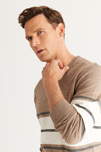 ALTINYILDIZ CLASSICS Ανδρικό ΜΠΕΖ ΜΕΛΑΝΖ-ΓΚΡΙ ΜΕΛΑΝΖ Πλεκτό πουλόβερ με ριγέ λαιμόκοψη κανονική εφαρμογή