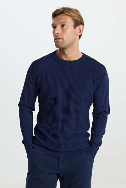 ALTINYILDIZ CLASSICS Erkek Lacivert Standart Fit Normal Kesim Bisiklet Yaka Jakarlı Triko Kazak