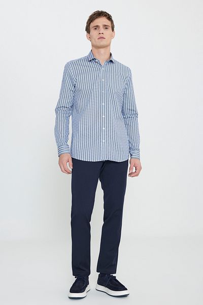 ALTINYILDIZ CLASSICS Men's White-Navy 100% Cotton Slim Fit Slim Fit Small Italian Lapel Stripe Shirt