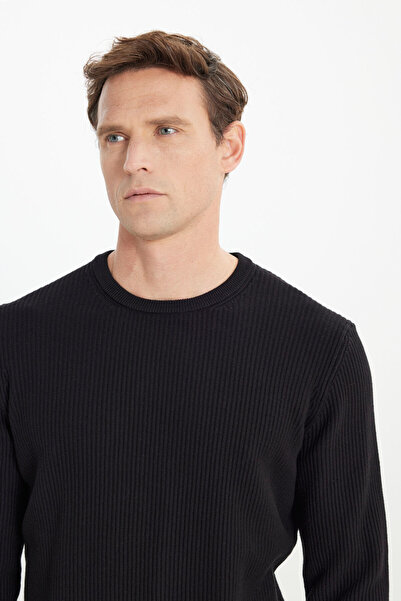 ALTINYILDIZ CLASSICS Erkek Siyah %100 Pamuk Standart Fit Normal Kesim Bisiklet Yaka Selanik Örgü Triko Kazak