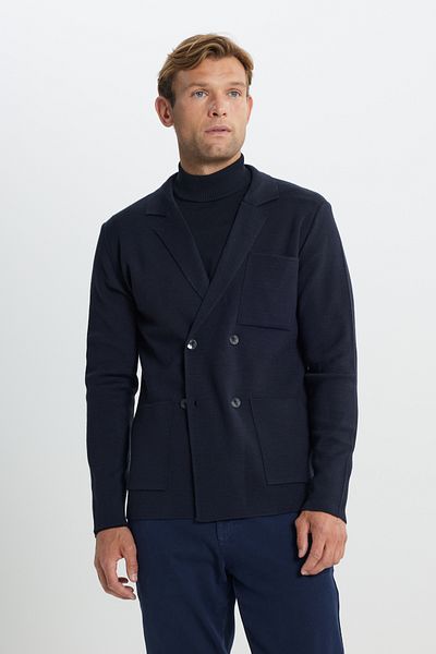 ALTINYILDIZ CLASSICS Men's Navy Blue Warm Woolen Standard Fit Regular Fit Double Breasted Lapel Pocket Knitwear Jacket
