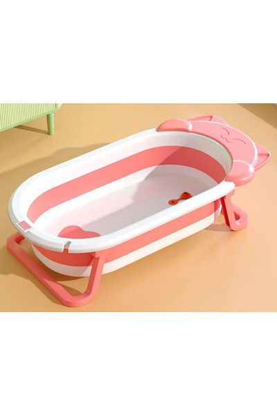 Fab N Funky Kitten Face Printed Bath Tub with Drain Plug, Foldable Design, Non-Slip Gasket, 0 Months+, Pink