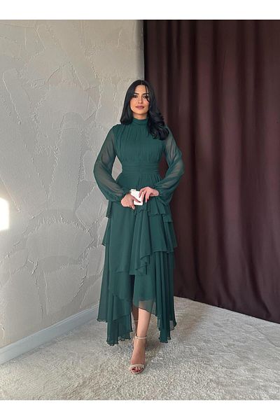 Afiş Butik Σμαραγδένια Πράσινη Φούστα Σιφόν Πλισέ Φούστα από Τούλι