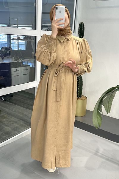 ModaSelin Ms213 Sleeve Rib Detailed Camel Dress