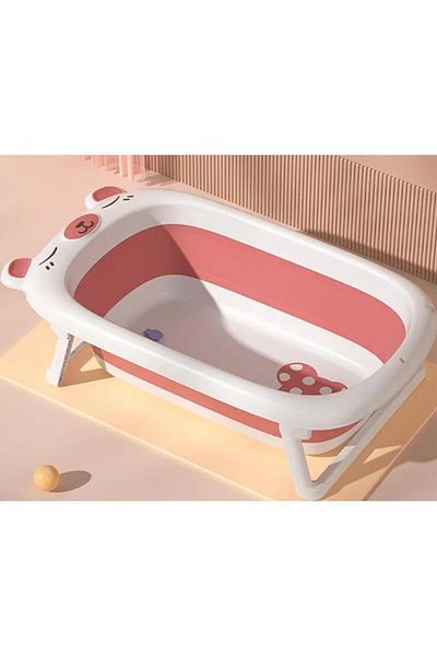 Fab N Funky Bear Designed Foldable Bath Tub with Drain Plug, Non-Slip Base, 0 Months+, Pink