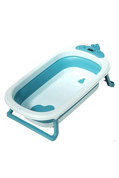Fab N Funky Crown Designed Foldable Bath Tub with Drain Plug and Temperature Indicator, 0 Months+, Blue