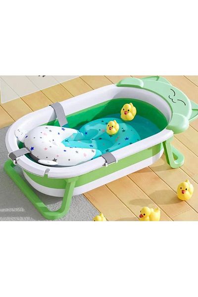 Fab N Funky Kitten Face Printed Bath Tub with Drain Plug, Foldable Design, Non-Slip Gasket, 0 Months+, Green