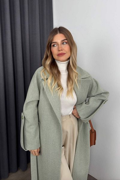 Sue Store Mint White Herringbone Model Belted Lined Oversize Wool Coat