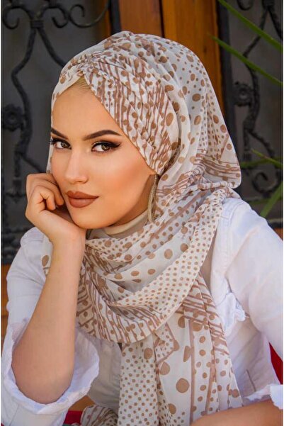 Aişe tesettür Έτοιμο σάλι από σιφόν με λευκές κουκκίδες βιζόν - 50600