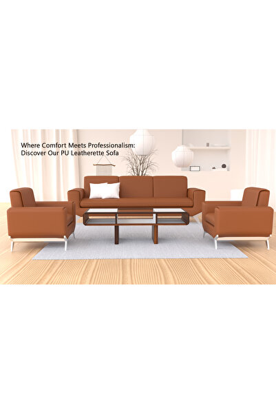 Mahmayi Brown PU Leatherette Three Seater Sofa, Modern Stylish Furniture for Living Room