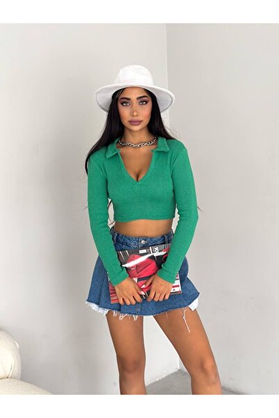 KADIN Yeşil Polo Yaka Kısa Kollu Kaşkorse Crop Bluz