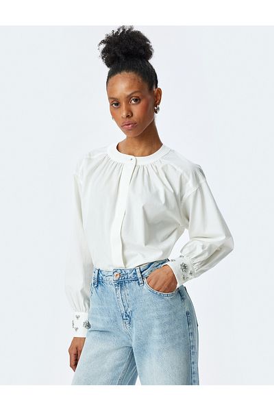 Koton Cotton Round Neck Cuffs Stone Detailed Long Balloon Sleeve Shirt
