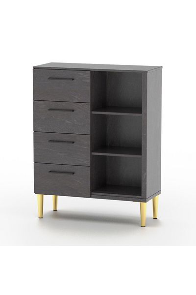 Mahmayi Wooden Chest of Drawer with 4 Drawers and 3 Open Storage Shelf Cabinet-Anthracite Jura Slate